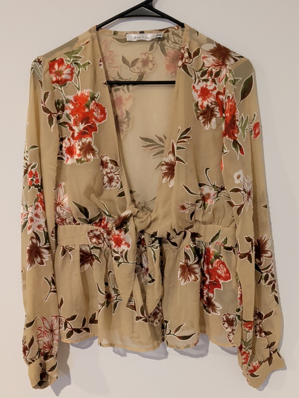Tie-Front Floral Sheer Blouse - Beige with Red Floral Print